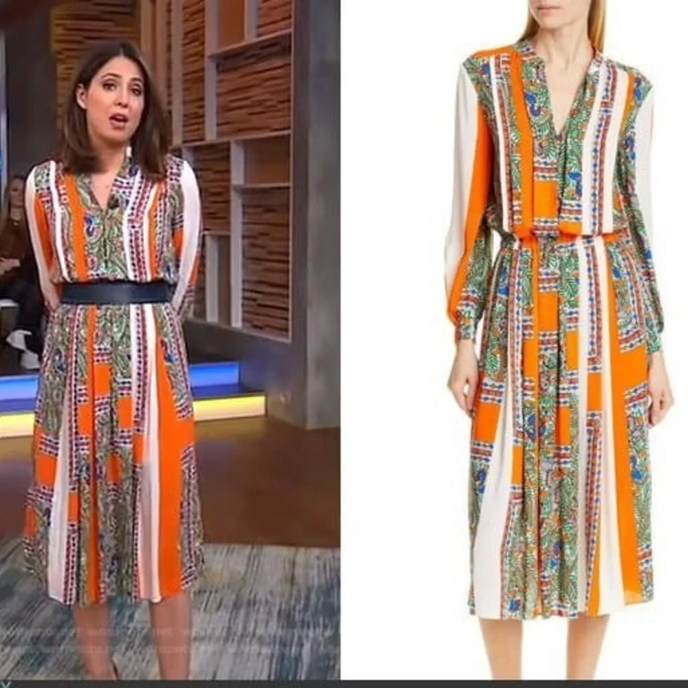 Tory Burch Orange Cream Silk Geometric Botanical Print Midi Dress Size‎ 2